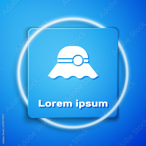 White Elegant women hat icon isolated on blue background. Blue square button. Vector Illustration