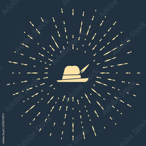 Beige Oktoberfest hat icon isolated on blue background. Hunter hat with feather. German hat. Abstract circle random dots. Vector Illustration