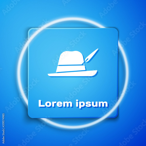 White Oktoberfest hat icon isolated on blue background. Hunter hat with feather. German hat. Blue square button. Vector Illustration