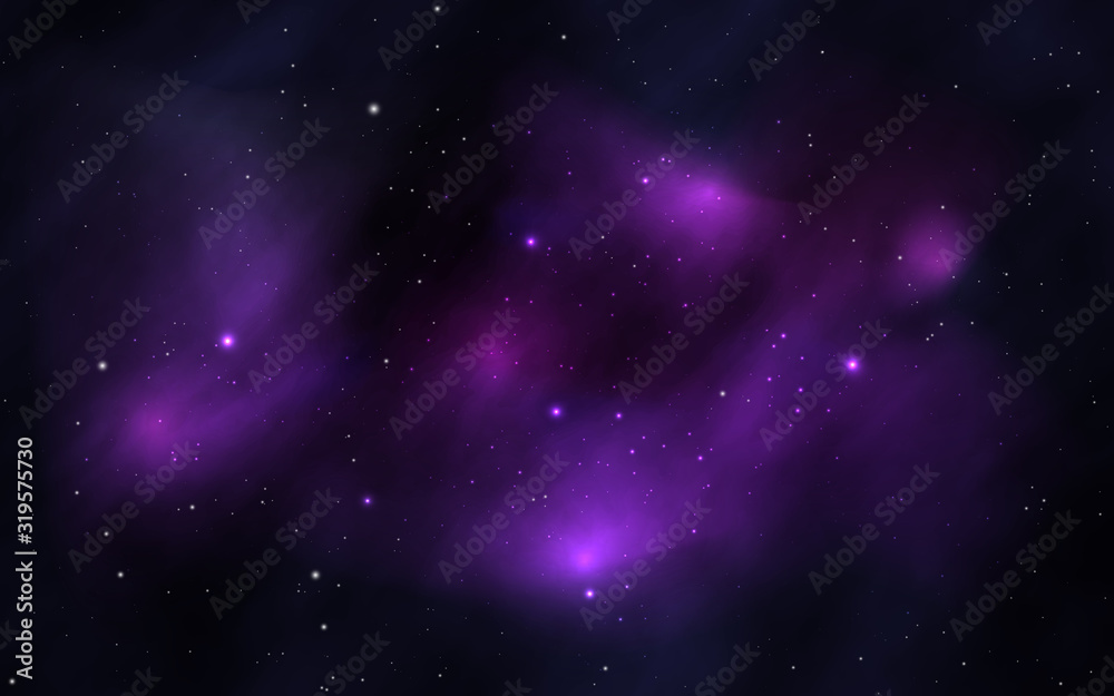 Space background with shining stars and realistic nebula. Colorful universe with stardust. Bright starry galaxy. Magic cosmos with milky way. Cosmic backdrop. Vector illustration