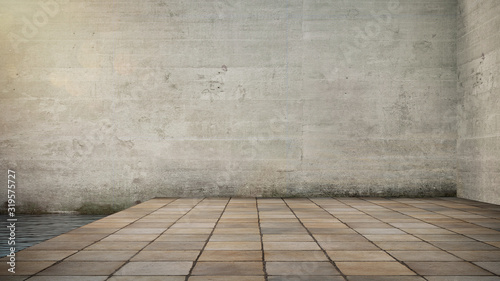 Concrete wall and stone flooring tile  background. Place for your product  text. 3d render.   