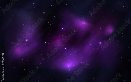 Space background with shining stars and realistic nebula. Colorful universe with stardust. Bright starry galaxy. Magic cosmos with milky way. Cosmic backdrop. Vector illustration