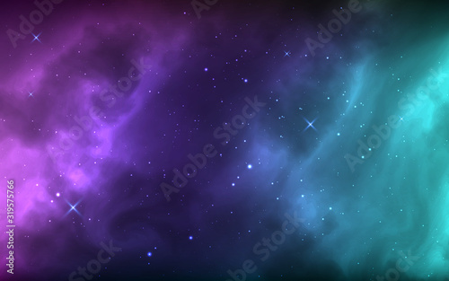 Space background with shining stars, nebula and stardust. Colorful cosmos with realistic galaxy and milky way. Bright cosmic backdrop. Starry wallpaper. Vector illustration