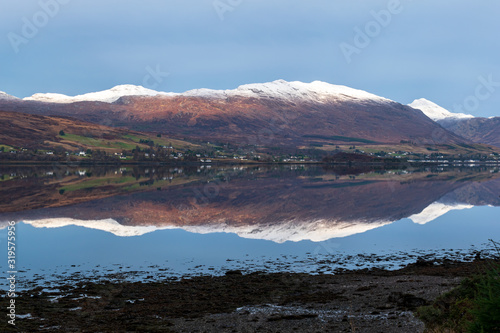 Reflection of mountains on Scotland Loch photo