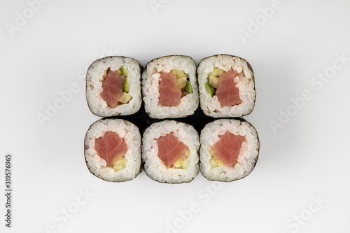  rolls with fish top view on a white background for the menu1 photo