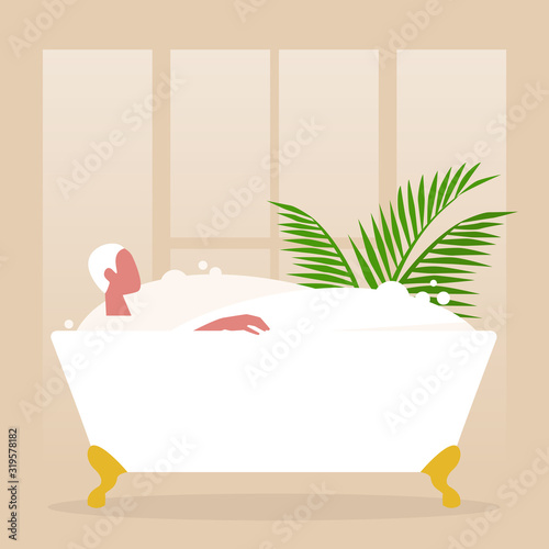 Young male character washing in a clawfoot vintage bathtub full of soap foam, relaxation and body treatment