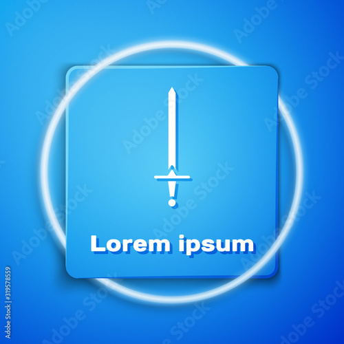 White Medieval sword icon isolated on blue background. Medieval weapon. Blue square button. Vector Illustration