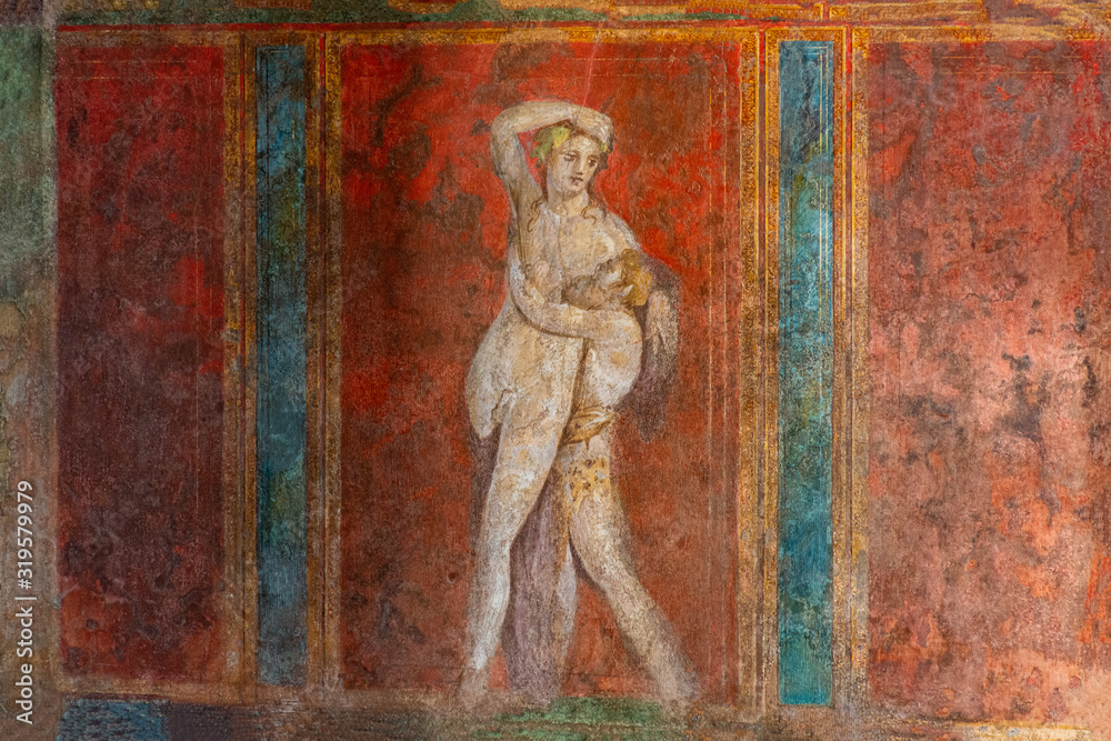Italy, Pompeii, archaeological area, remains of the city buried by the eruption of ashes and rocks of Vesuvius in 79. Remains of the frescoes in the Villa of Mysteries Italy, Pompeii, archaeological area, remains of the city buried by the eruption of ashes and rocks of Vesuvius in 79. Remains of the frescoes in the Villa of Mysteries