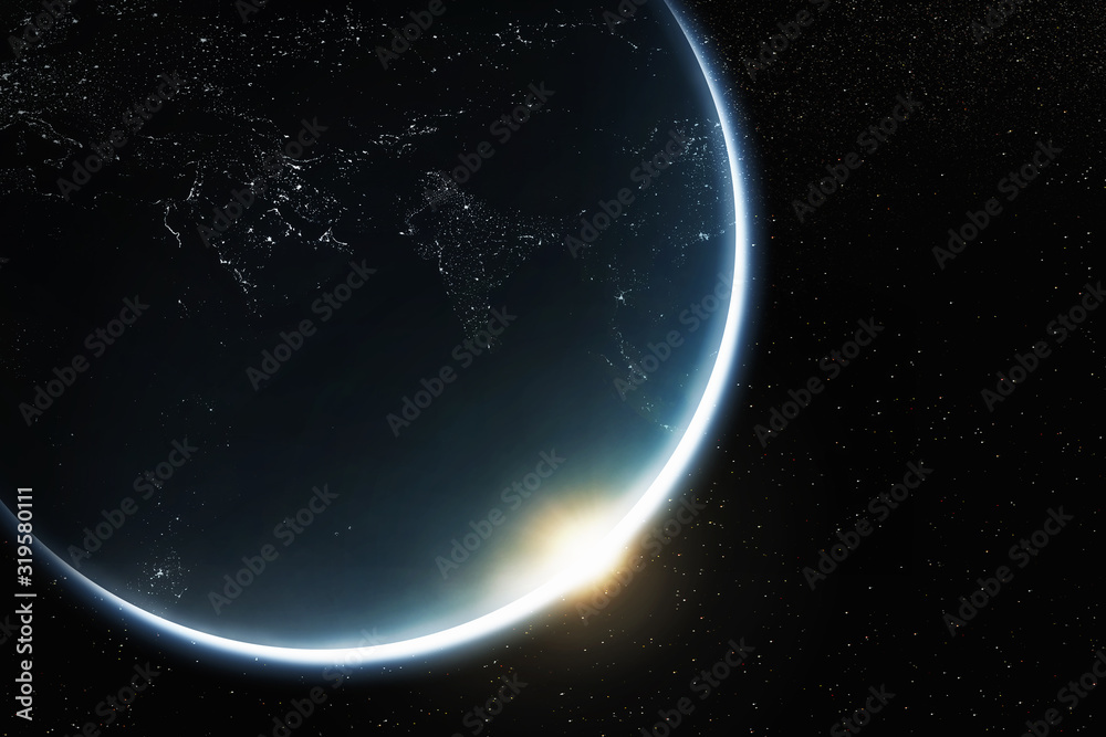 Night planet Earth with city lights. Night and day borders. 3D illustration of satellite view.