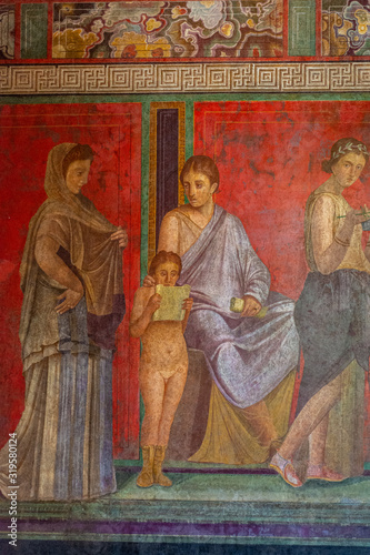 Italy, Pompeii, archaeological area, remains of the city buried by the eruption of ashes and rocks of Vesuvius in 79. Remains of the frescoes in the Villa of Mysteries