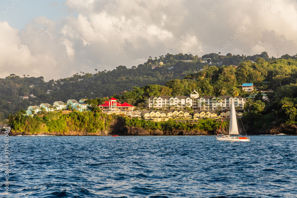 Coastline view with  villas and resorts on the hill, Castries, Saint Lucia