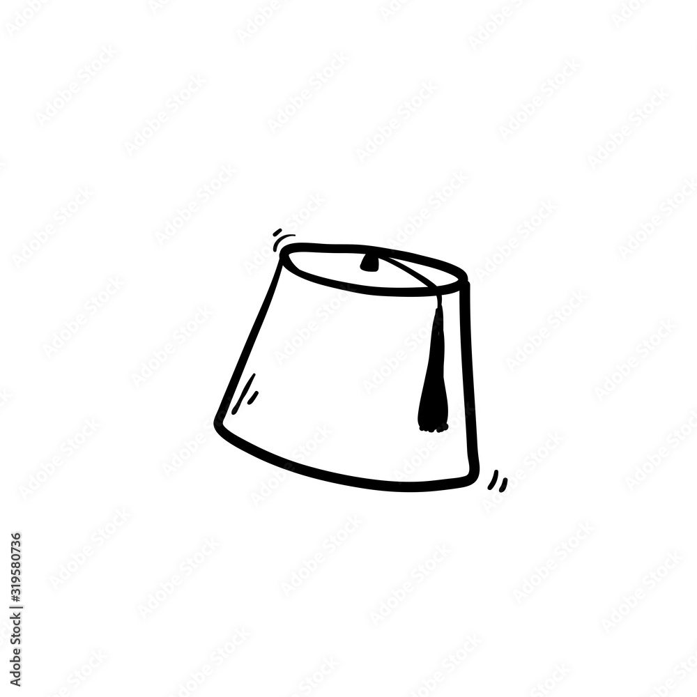 hand drawn Cartoon Turkish hat fez with black tassel. Isolated on white background. Vector icon.doodle hand drawn Cartoon Turkish hat fez with black tassel. Isolated on white background. Vector icon.doodle
