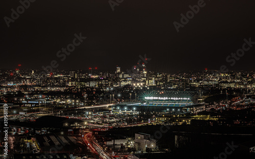 Night shot of Leeds city centre and Elland Road before a match