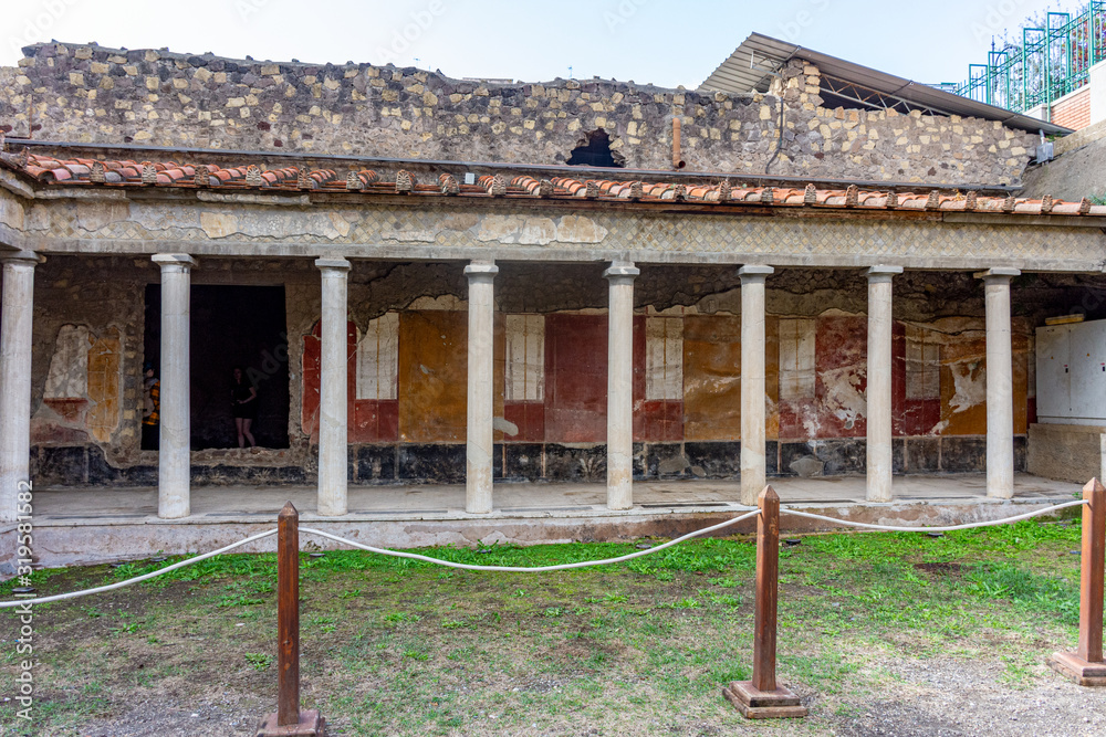 Italy, Naples, Oplontis, view of the arcades with columns in the villa of Poppea in the archaeological area of ​​Torre Annunziata