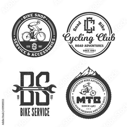 Set of vector black and white bike shop, bicycle service, mountain and road biking clubs and adventures badges