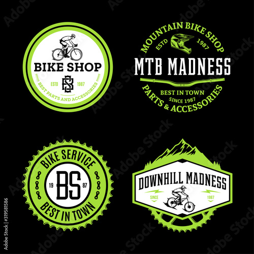 Set of vector lime and white bike shop, bicycle service, mountain and road biking clubs and adventures badges on a black background