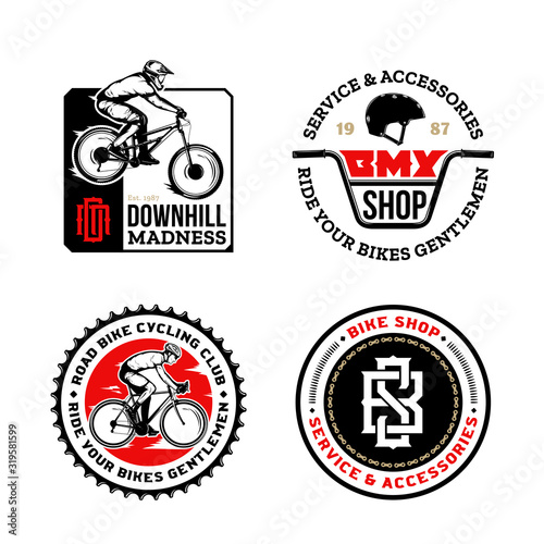 Set of vector black, red and white bike shop, bicycle service, mountain and road biking clubs and adventures badges