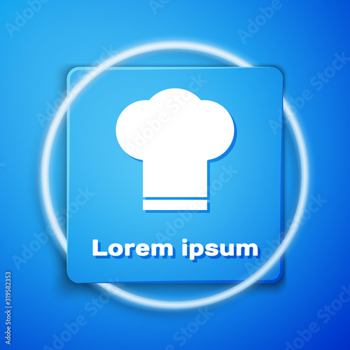 White Chef hat icon isolated on blue background. Cooking symbol. Cooks hat. Blue square button. Vector Illustration