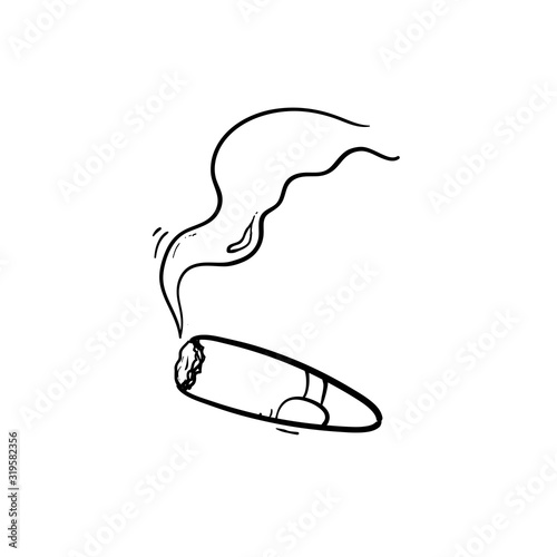hand drawn Cartoon lit cigar with smoke. Isolated on white background. Vector icon.doodle