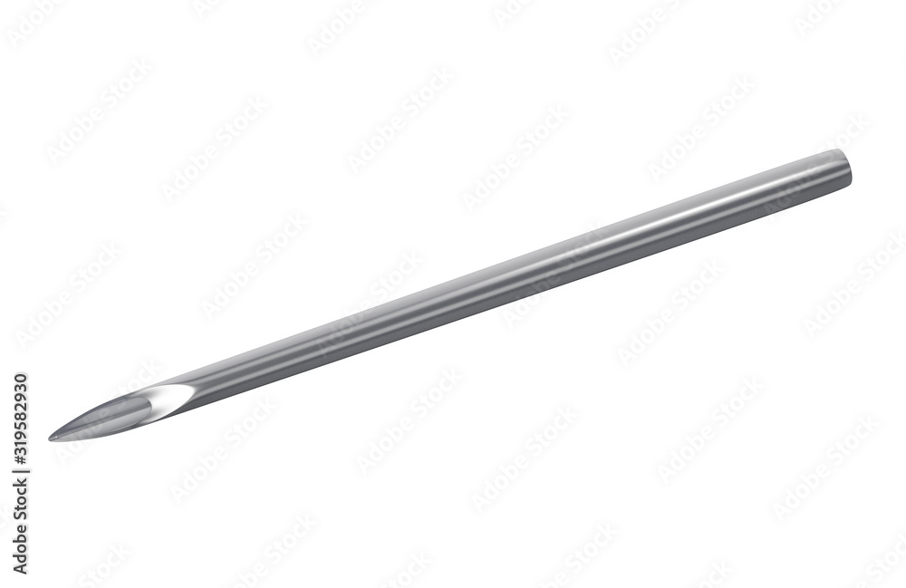 Extreme close-up of Stainless injection needle isolated on white background. 3D render illustration. Extreme close-up of Stainless injection needle isolated on white background. 3D render illustration.