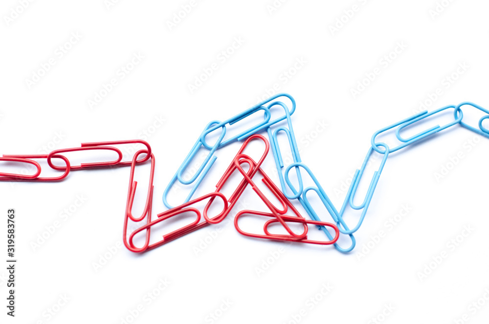 Two chains of paperclips, blue and red, on white background Two chains of paperclips, blue and red, on white background