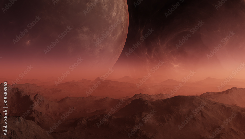3d rendered Space Art: Alien Planet - A Fantasy Landscape with dark skies and clouds