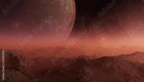 3d rendered Space Art  Alien Planet - A Fantasy Landscape with dark skies and clouds