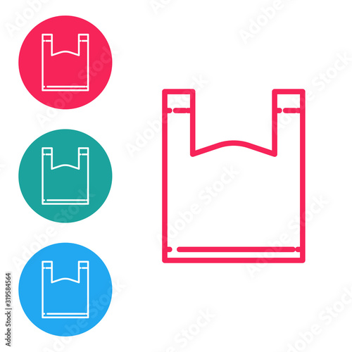 Red line Plastic bag icon isolated on white background. Disposable cellophane and polythene package prohibition sign. Set icons in circle buttons. Vector Illustration
