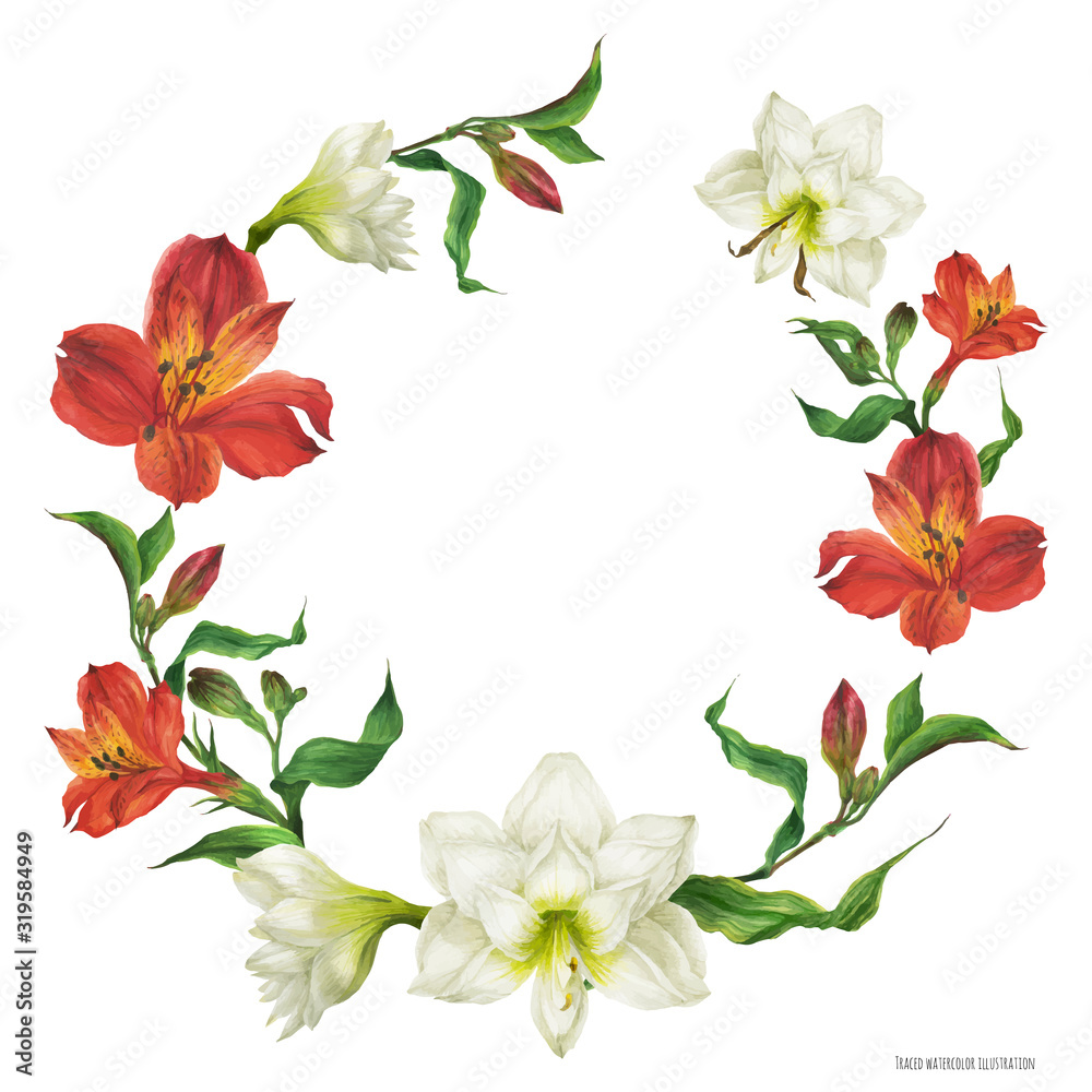 Floral wreath with red and white lily flowers