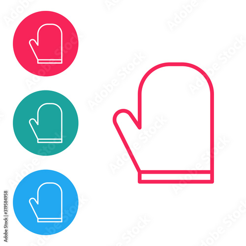 Red line Oven glove icon isolated on white background. Kitchen potholder sign. Cooking glove. Set icons in circle buttons. Vector Illustration