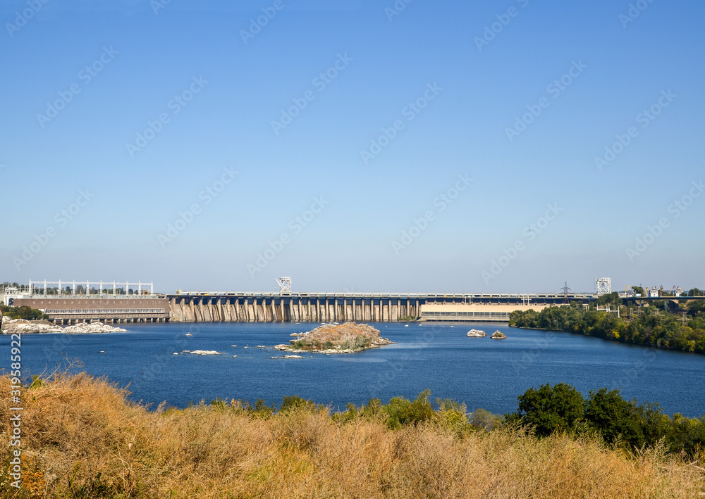 View on river Dnieper and  largest hydroelectric dam in Zaporizhia from Khortytsya Island, Ukraine
