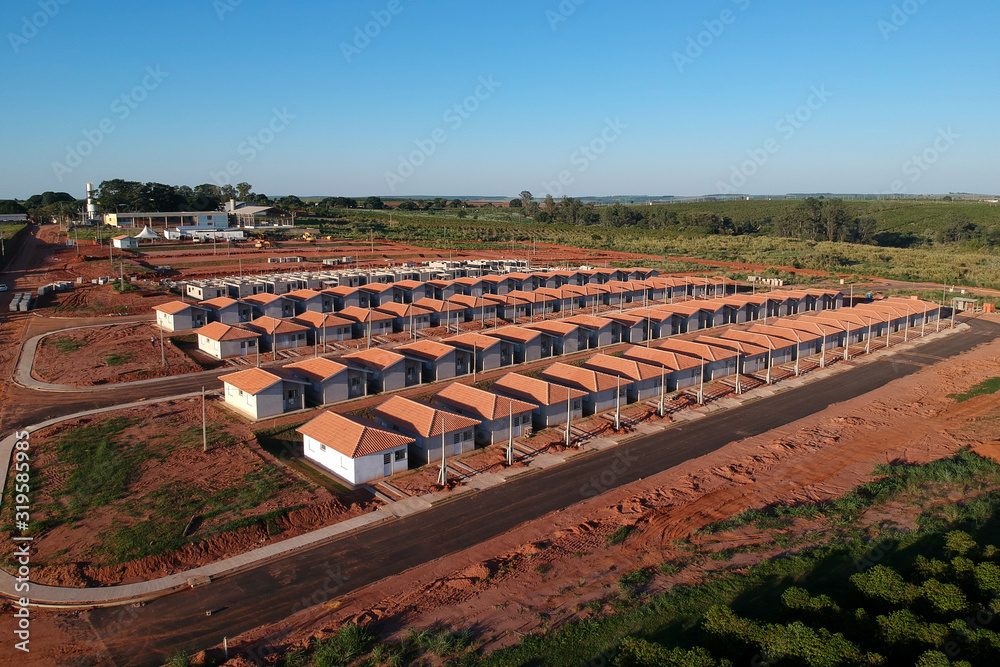 Aerial view of construction site of standardized houses of public Program, in Pompeia city, of the Sao Paulo State, Brazil
