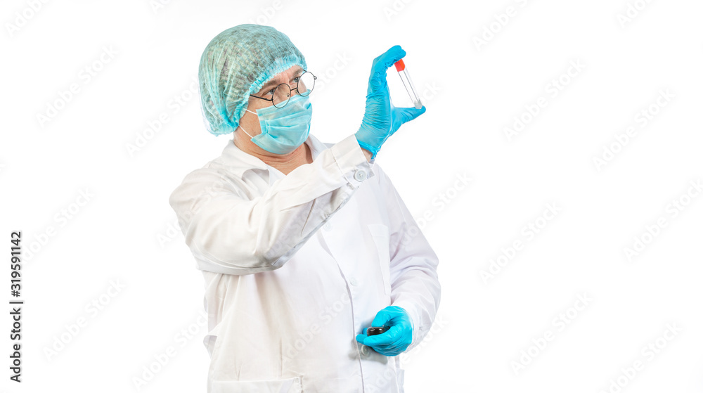 lab technician looks at a test tube of clear liquid lab technician looks at a test tube of clear liquid