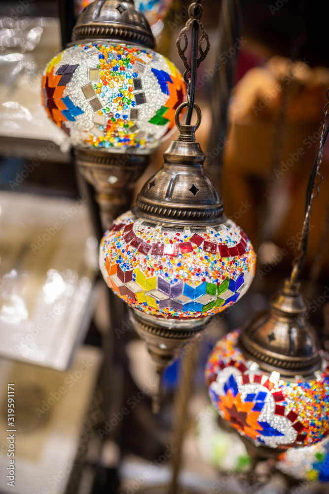 Colorful marble arabic lamp on display, selective focusing