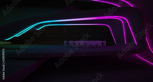 Abstract architectural concrete interior of a minimalist house with colored neon lighting. 3D illustration and rendering.