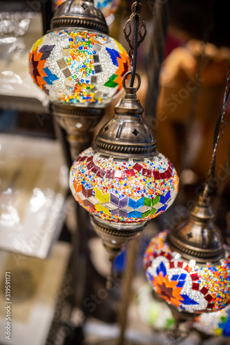 Colorful marble arabic lamp on display, selective focusing