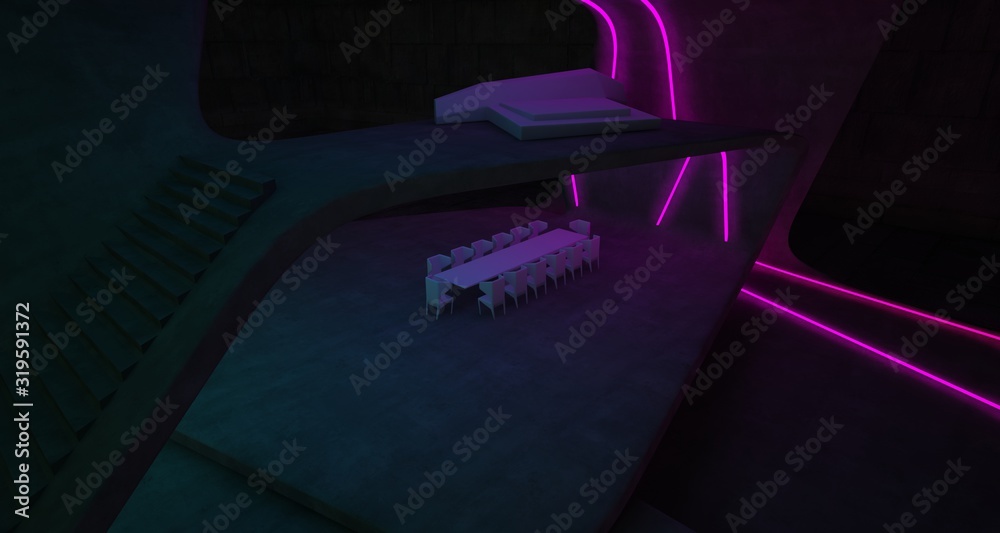 Abstract architectural concrete interior of a minimalist house with colored neon lighting. 3D illustration and rendering. Abstract architectural concrete interior of a minimalist house with colored neon lighting. 3D illustration and rendering.