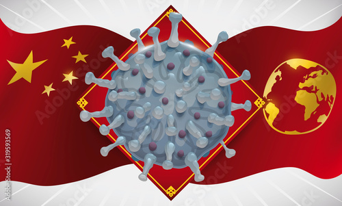 Waving China Flag with Globe and Coronavirus over Rhombus, Vector Illustration