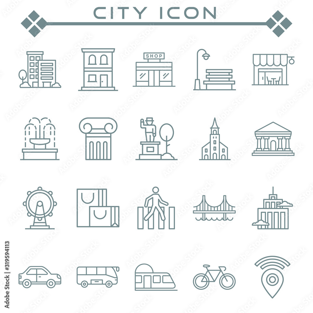 Collection of vector lines associated with cities. Contains icons such as buildings, roads, cities, houses, shops, skyscrapers, bridges and more.