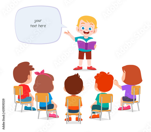 happy cute little boy tell story to friend