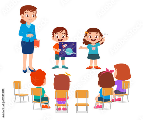 happy cute little kids boy and girl study with teacher