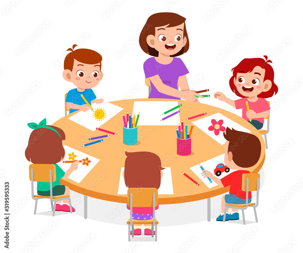 happy cute little kids boy and girl draw with teacher
