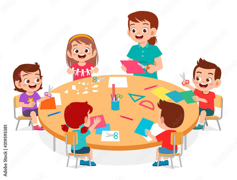 happy cute little kids boy and girl make paper craft with teacher happy cute little kids boy and girl make paper craft with teacher