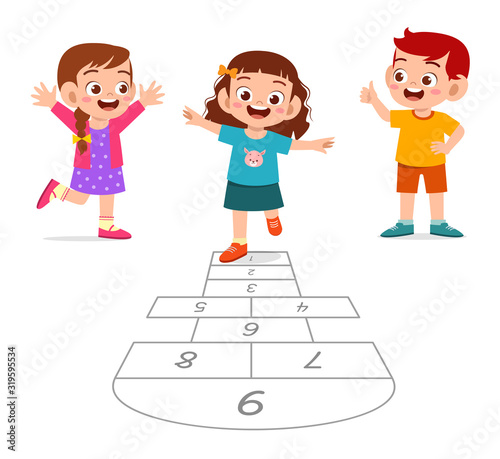 happy cute little kid boy and girl play hopscotch