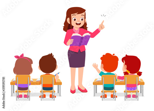 happy cute little kids boy and girl study with teacher