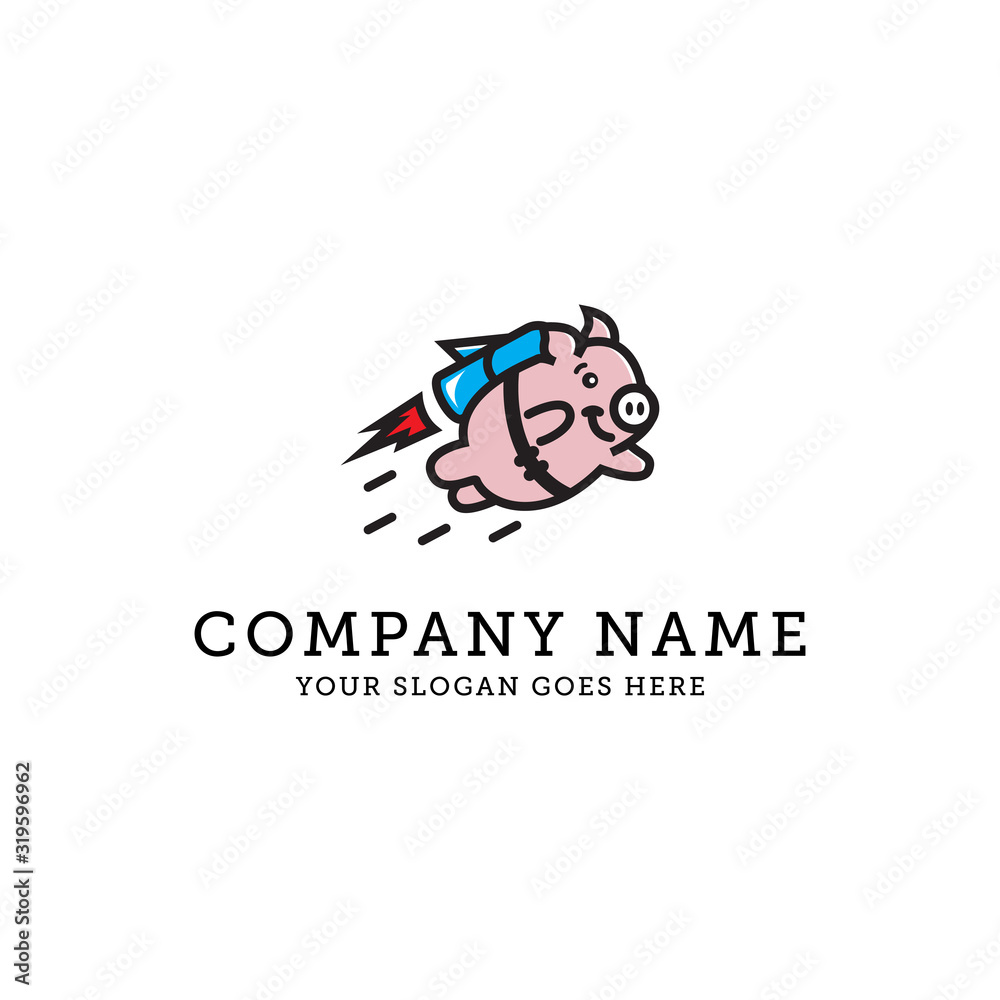 Pig flying with rocket logo design, cute pig cartoon animal pet care vector illustration