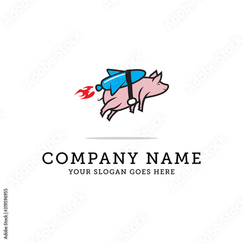 with rocket logo design, cute pig cartoon animal pet care vector illustration