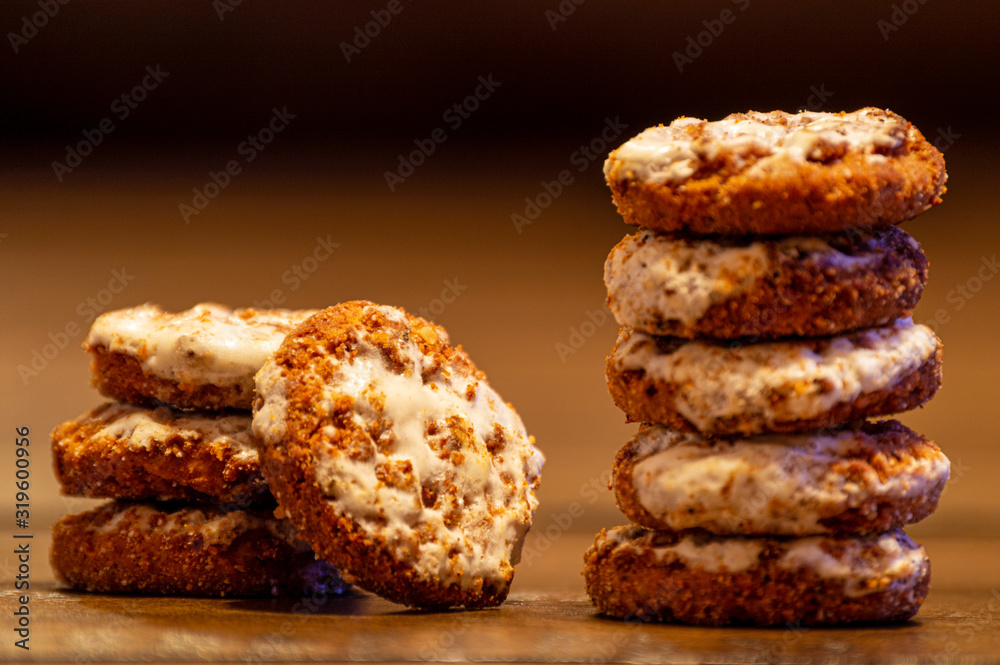 Stacks of iced oatmeal cookie snacks Stacks of iced oatmeal cookie snacks