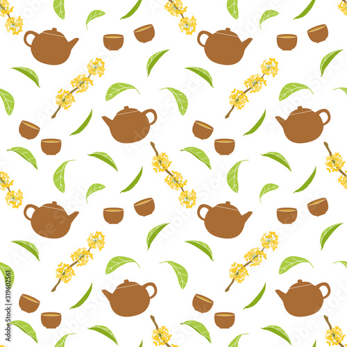 Osmanthus flower tea pattern background with teapot and teacups. hand drawn fragrant tea olive, sweet olive or osmanthus fragrans tea set. Chinese traditional teapot set.  Great for wallpaper, textile