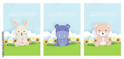 Set animals template card with rabbit,hippotamus and bear in paper card style for birthday card , baby shower card .